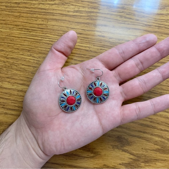 Boho Silver Floral Disk Drop Earrings - Picture 4 of 9